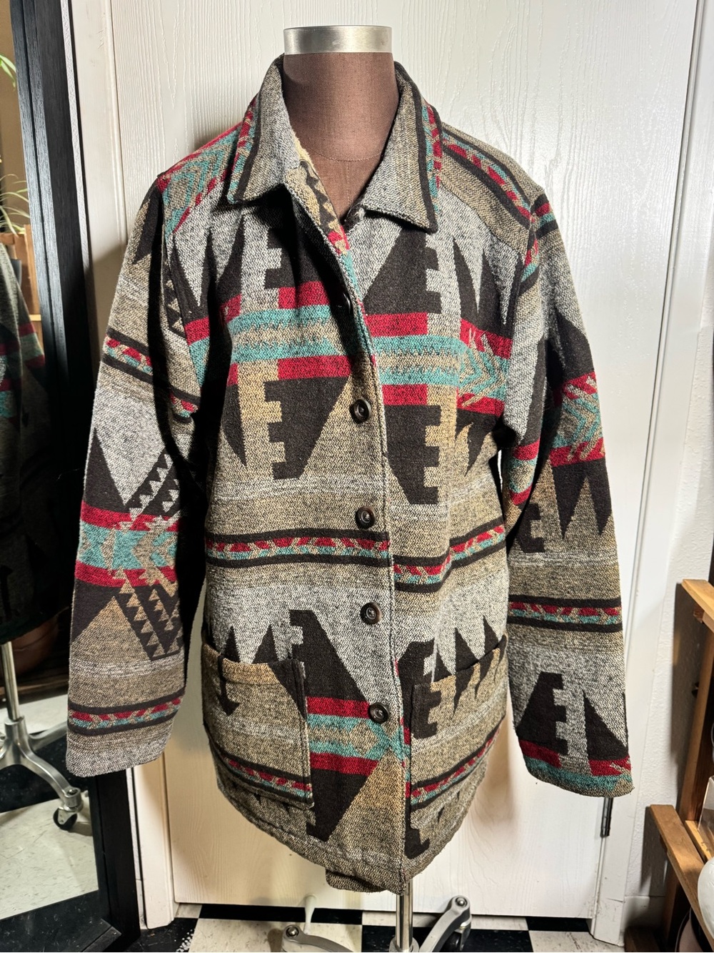 Weatherproof Brown, Red & Teal Patterned Sherpa-Lined Jacket